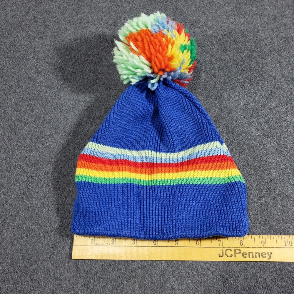 Smiley 100% Wool Beanie Toque Ski Pom Pom Hat Blue Rainbow - Picture 2 of 7